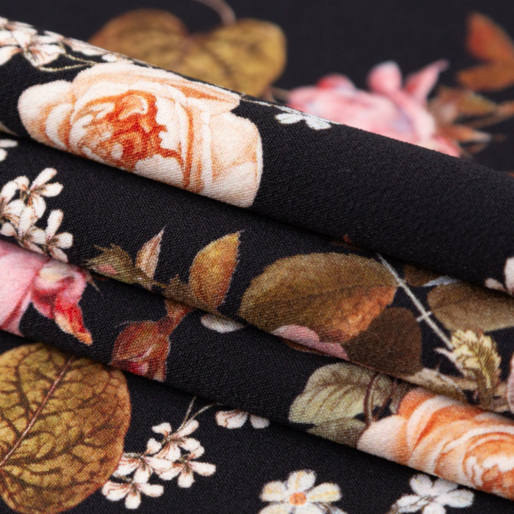 Stretch Polyester Crepe - Black Floral - Blossoms of the Heart Print - Mood Exclusive Kenko Collection - Folded