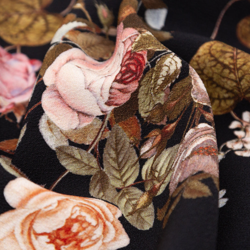 Stretch Polyester Crepe - Black Floral - Blossoms of the Heart Print - Mood Exclusive Kenko Collection - Detail