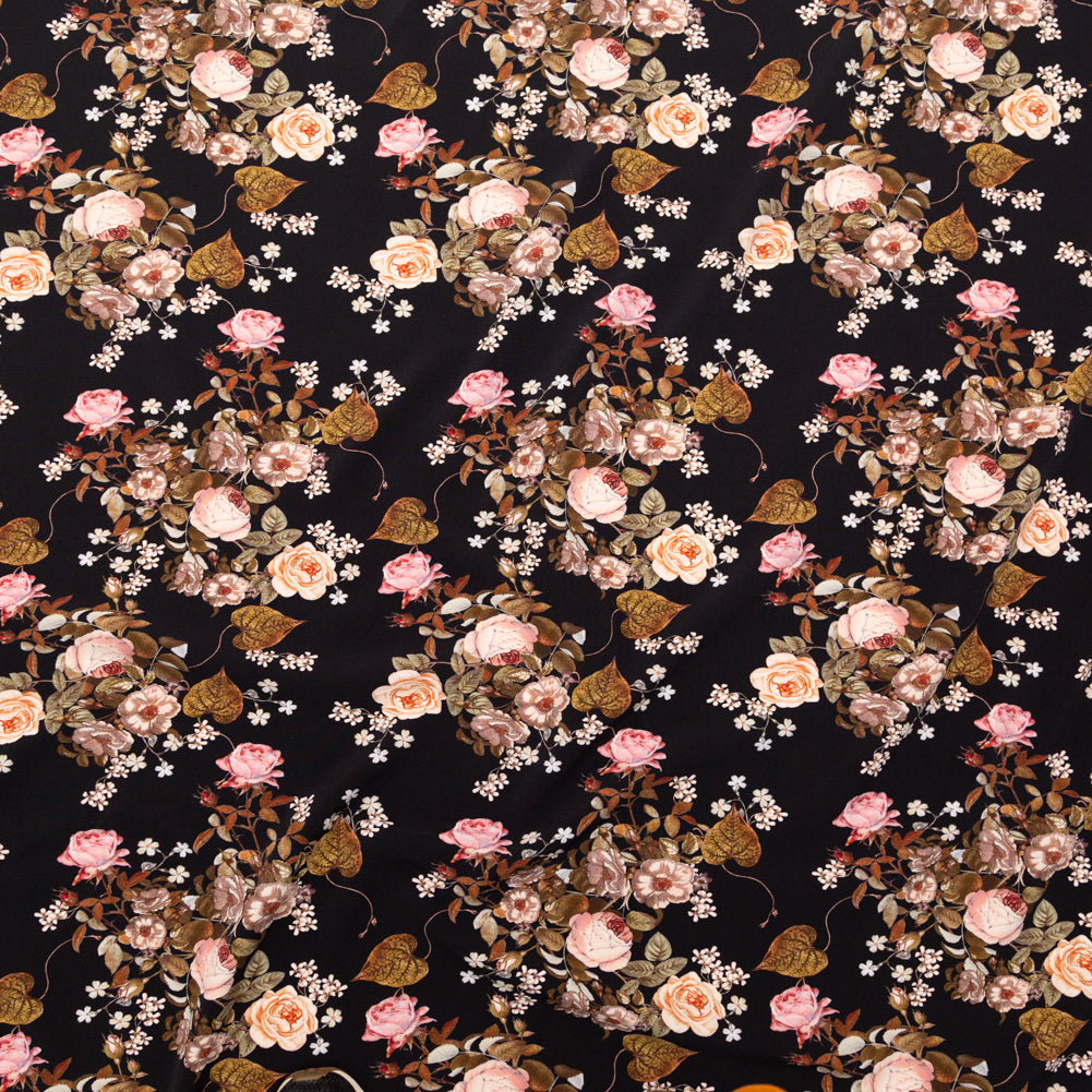 Stretch Polyester Crepe - Black Floral - Blossoms of the Heart Print - Mood Exclusive Kenko Collection