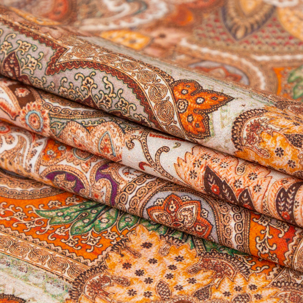 Stretch Cotton Sateen - Orange Patchwork - Gemlike Assemblage Print - Mood Exclusive Kenko Collection - Folded