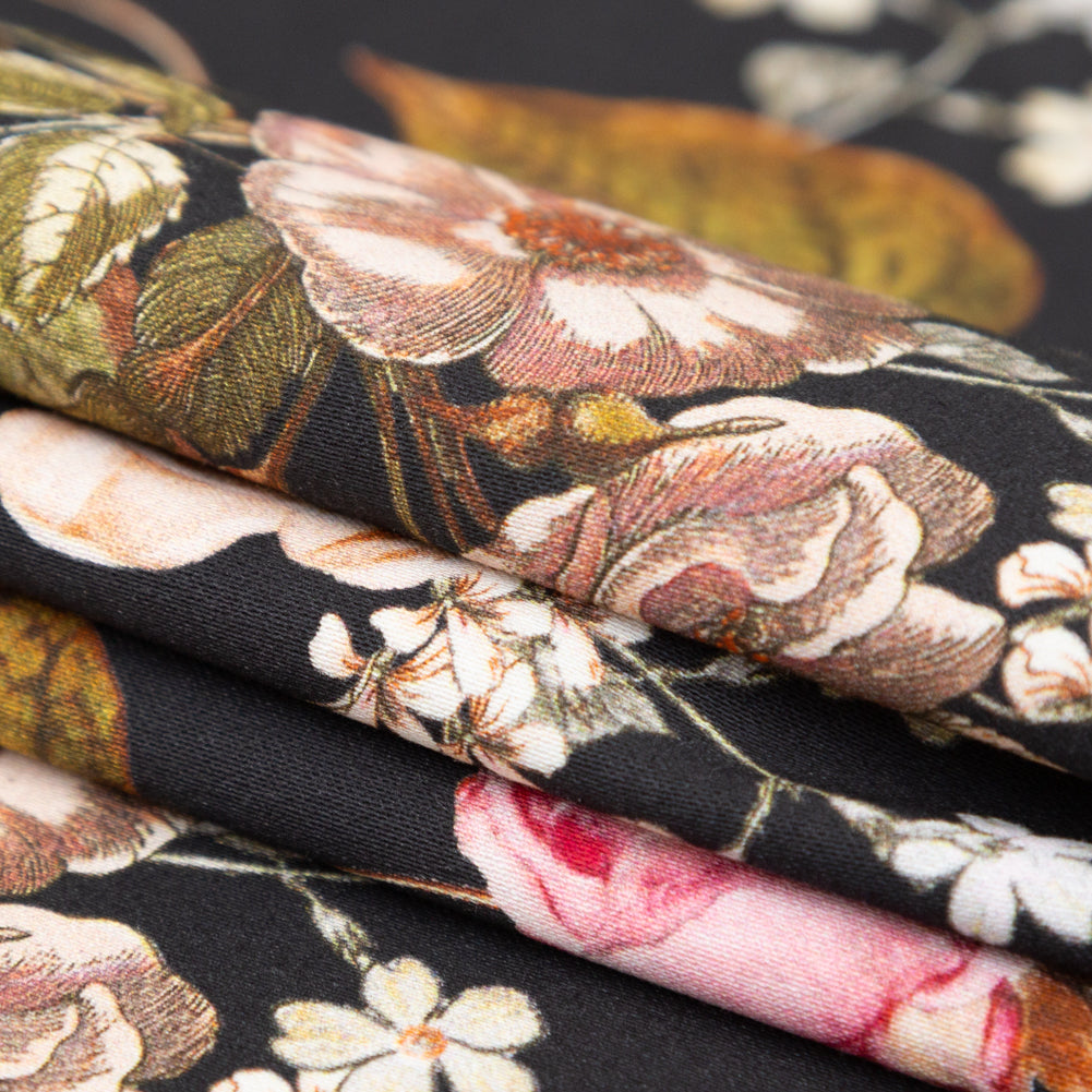 Stretch Cotton Sateen - Black Floral - Blossoms of the Heart Print - Mood Exclusive Kenko Collection - Folded