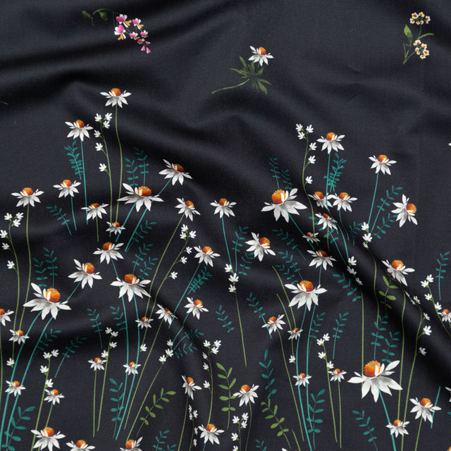 Stretch Cotton Sateen Panel - Black Beauty Daisy Flowers - Growing Distant Print - Mood Exclusive Kenko Collection