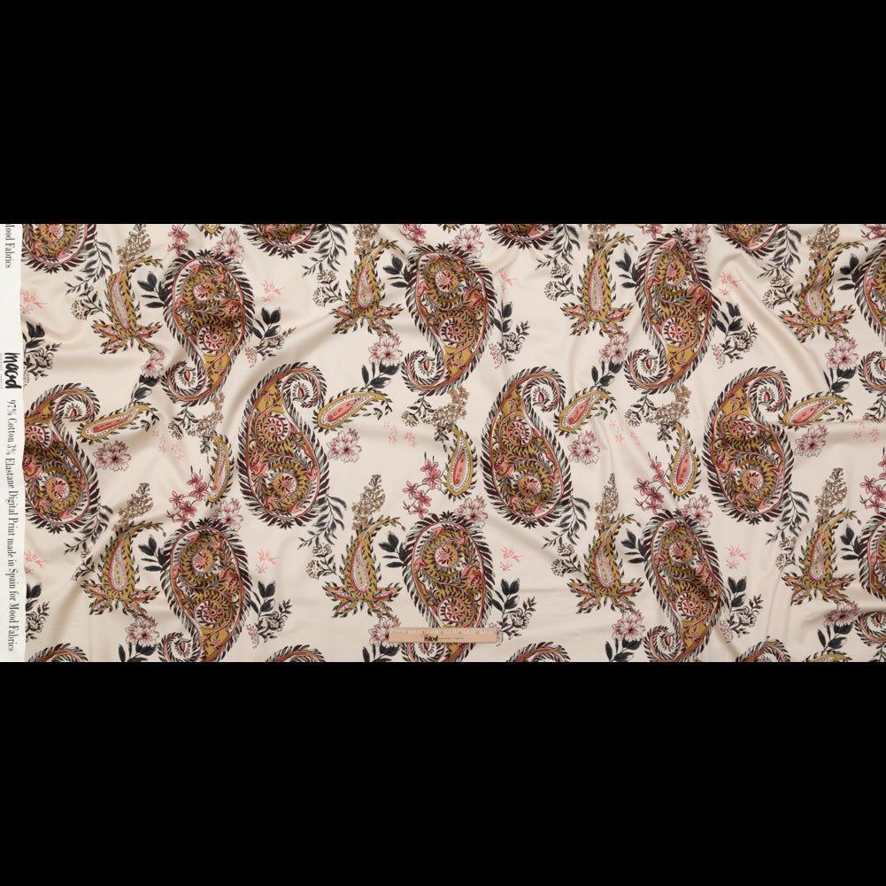 Stretch Cotton Sateen - Cream Pink Paisleys - Leaving Footmarks Print - Mood Exclusive Kenko Collection - Full