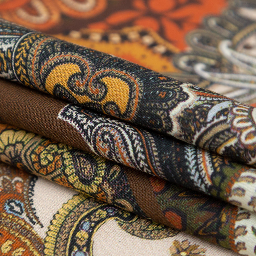 Cotton Voile - Orange and Brown Paisley over Patchwork - Lost in Thought Print - Mood Exclusive Kenko Collection - Folded