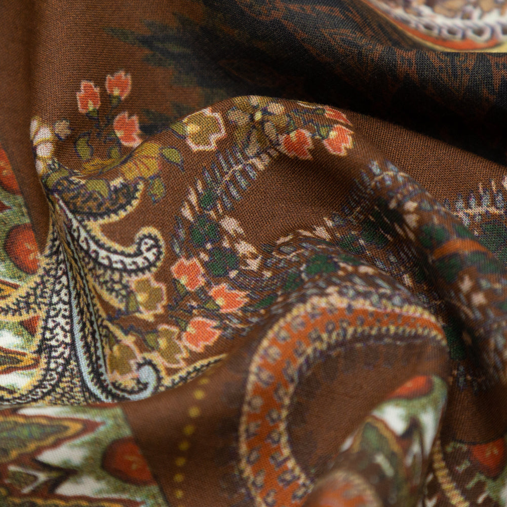 Cotton Voile - Orange and Brown Paisley over Patchwork - Lost in Thought Print - Mood Exclusive Kenko Collection - Detail