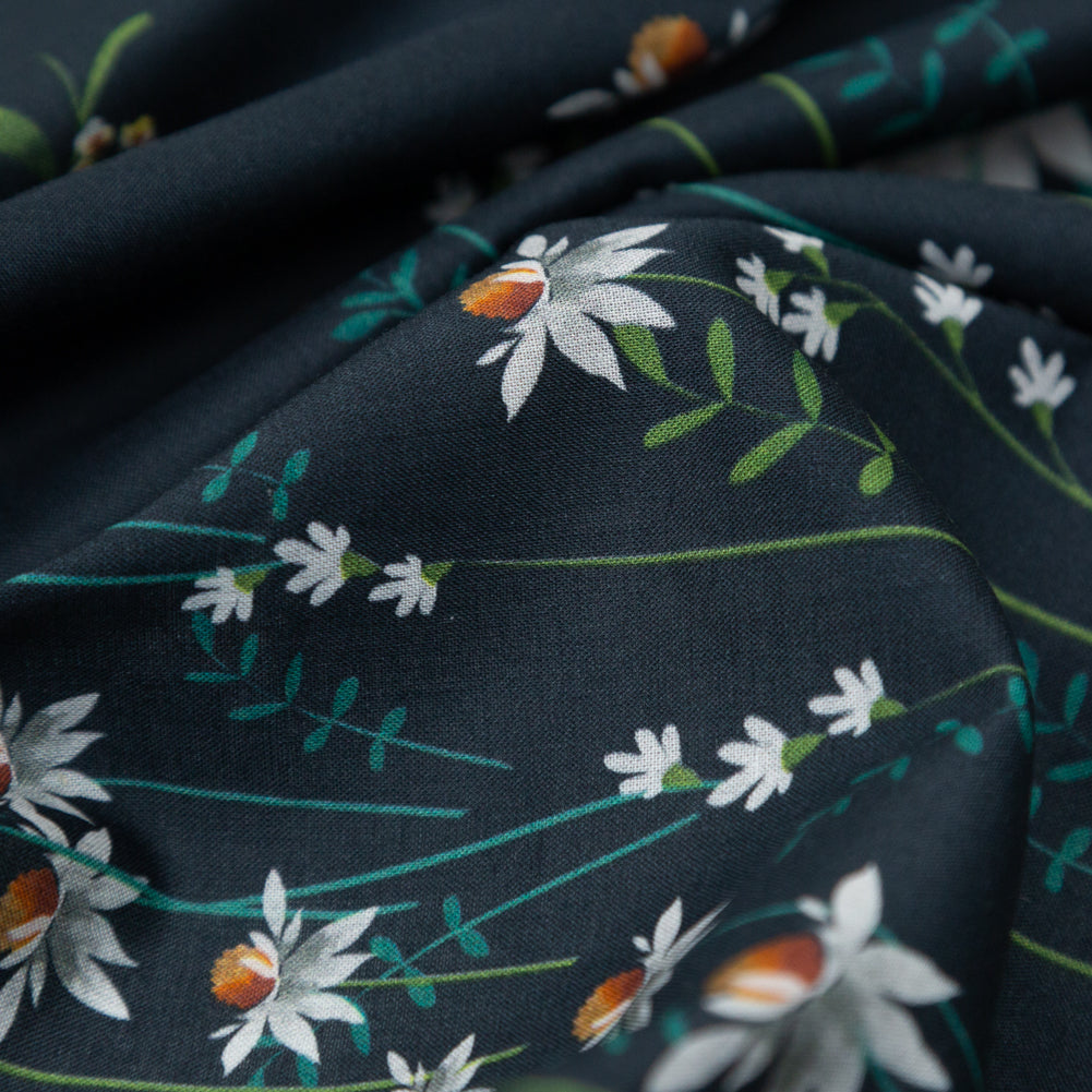 Cotton Voile Panel - Black Beauty Daisy Flowers - Growing Distant Print - Mood Exclusive Kenko Collection - Detail