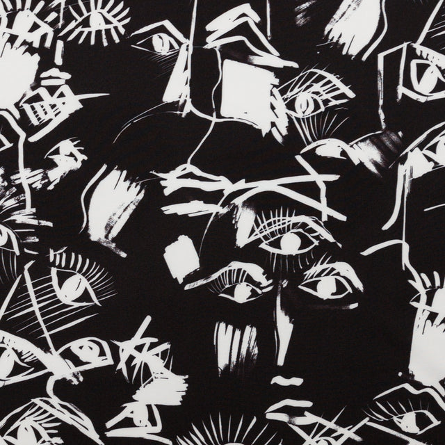 Stretch Polyester Crepe - Black and White Sketched Eyes - Ghosts and Family Legends Print - Mood Exclusive Crow Collection