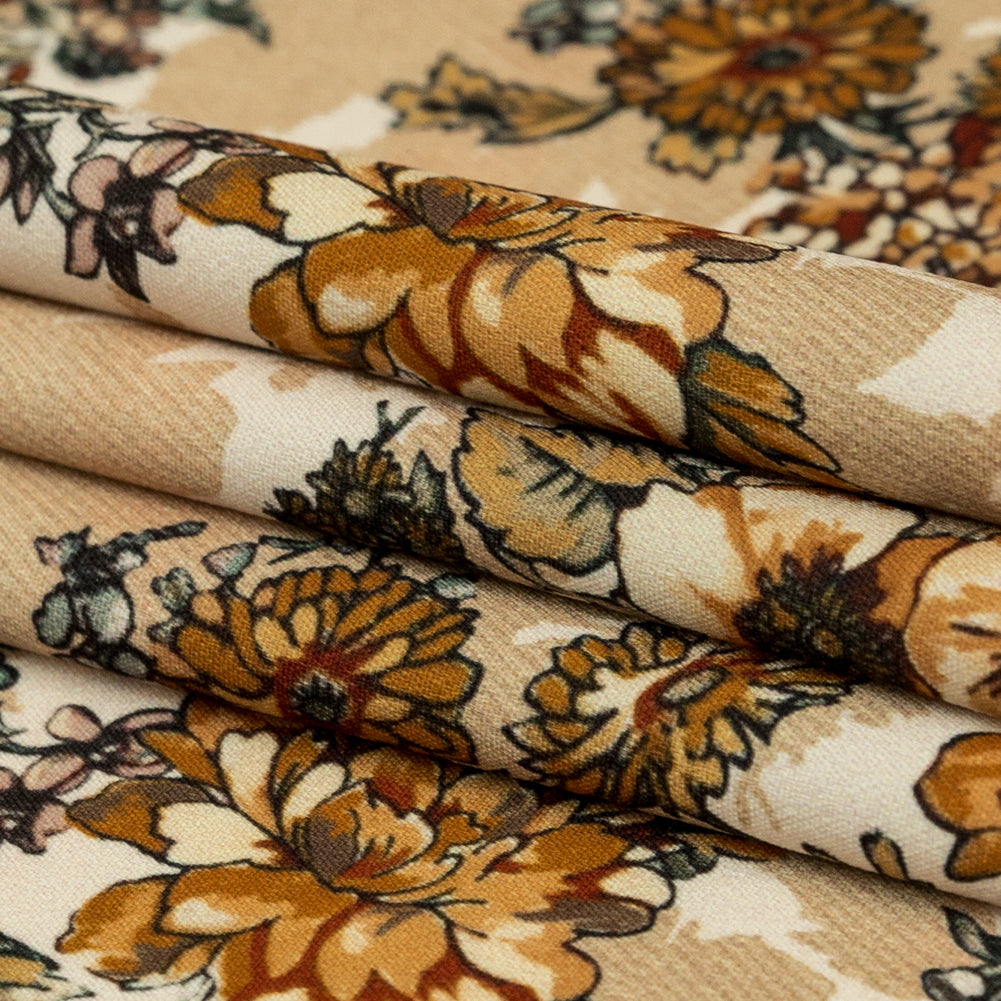 Stretch Polyester Crepe - Orange Flowers and Shadows - Spectral Lights Print - Mood Exclusive Crow Collection - Folded
