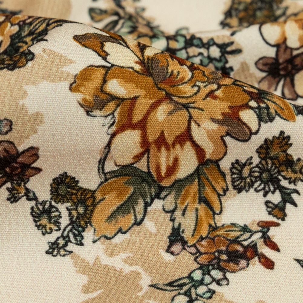 Stretch Polyester Crepe - Orange Flowers and Shadows - Spectral Lights Print - Mood Exclusive Crow Collection - Detail