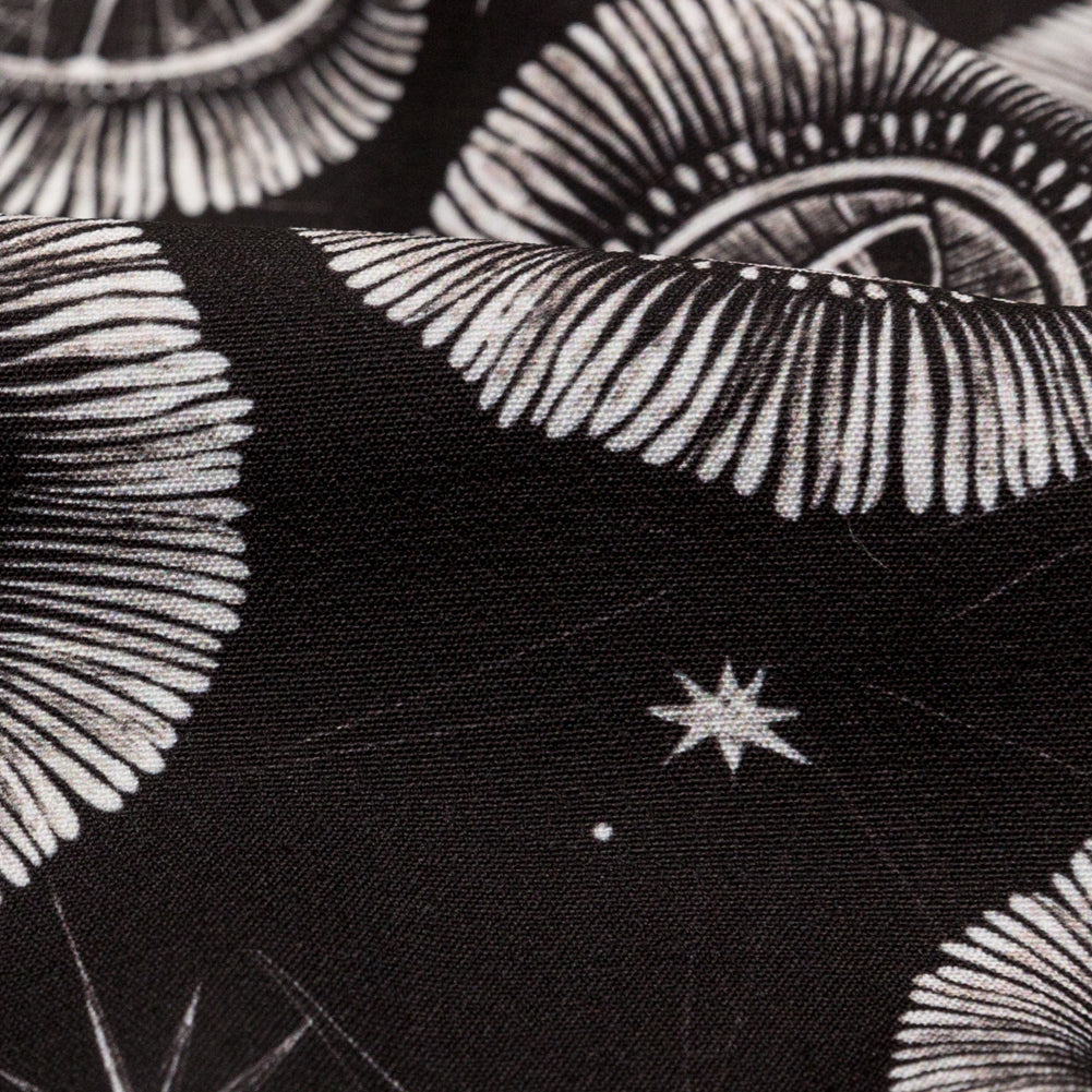 Stretch Polyester Crepe - Black and White Celestial Eyes - Night Side of Nature Print - Mood Exclusive Crow Collection - Detail
