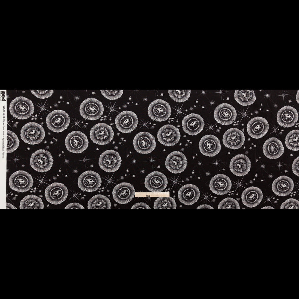 Stretch Polyester Crepe - Black and White Celestial Eyes - Night Side of Nature Print - Mood Exclusive Crow Collection - Full