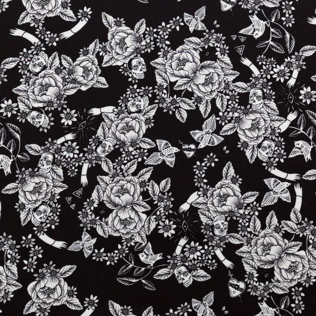 Stretch Polyester Crepe - Black and Star White Roses - Prophetic Dreams Print - Mood Exclusive Crow Collection