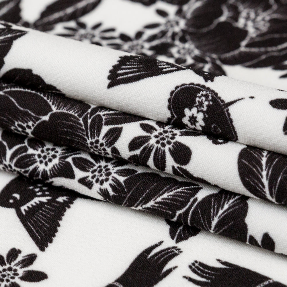 Stretch Polyester Crepe - White and Black Roses - Prophetic Dreams Print - Mood Exclusive Crow Collection - Folded
