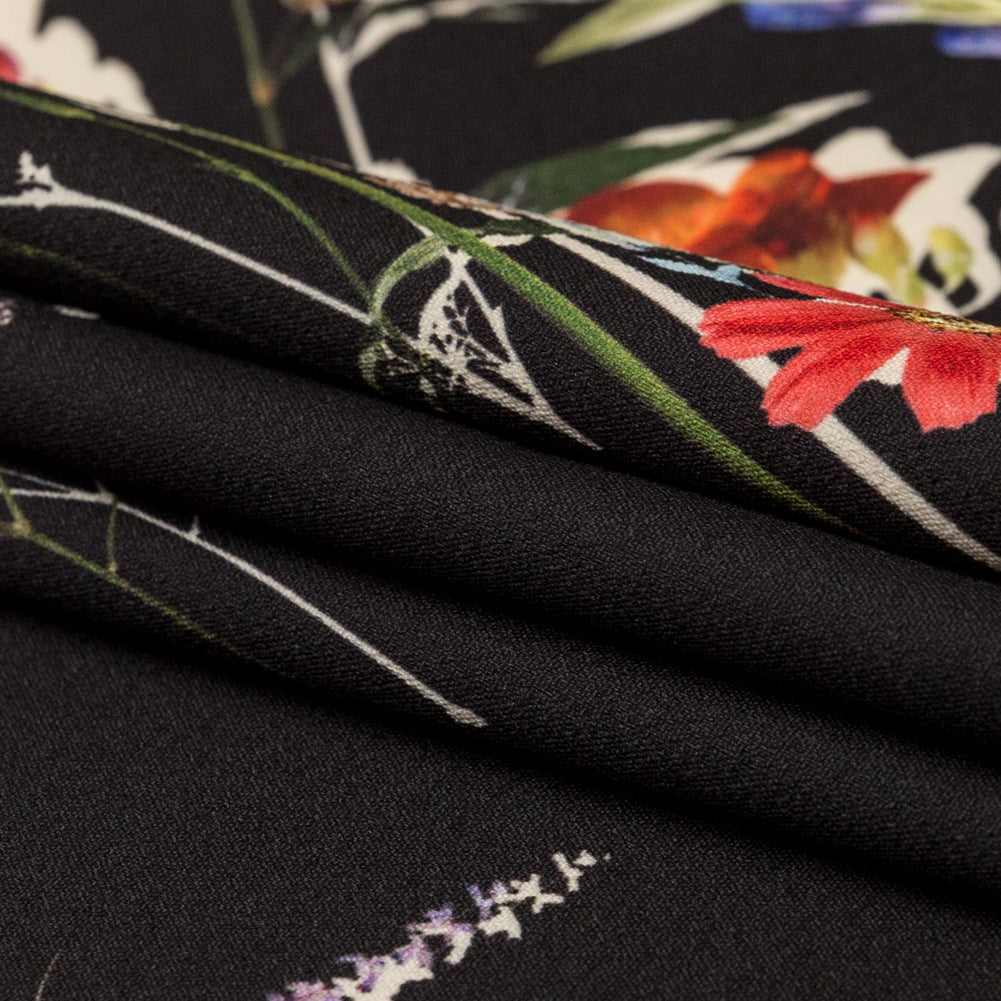 Stretch Polyester Crepe Panel - Black and Rainbow Floral - The Power of Will Print - Mood Exclusive Crow Collection - Folded