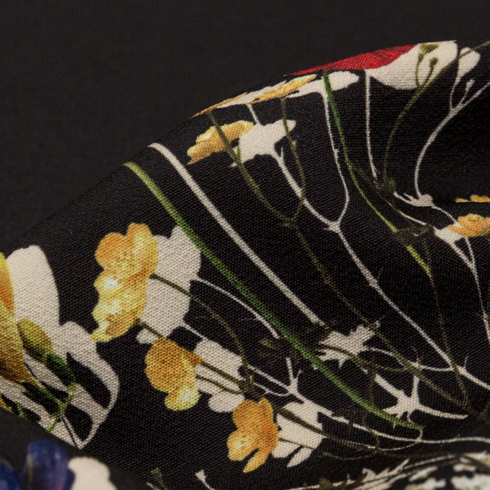 Stretch Polyester Crepe Panel - Black and Rainbow Floral - The Power of Will Print - Mood Exclusive Crow Collection - Detail
