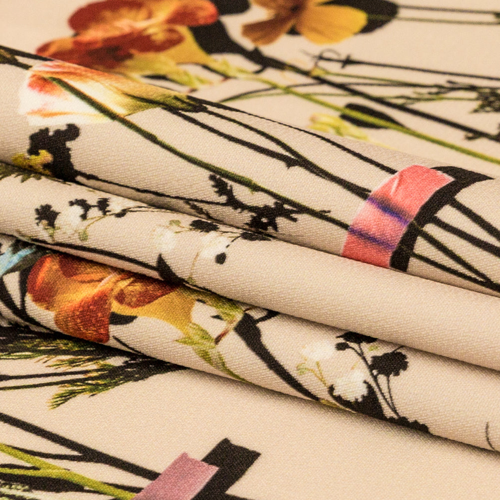 Stretch Polyester Crepe Panel - Cream and Rainbow Floral - The Power of Will Print - Mood Exclusive Crow Collection - Folded