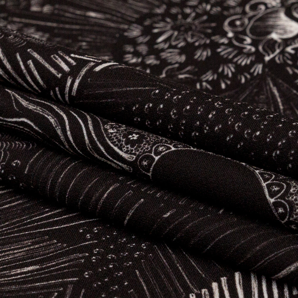 Stretch Polyester Crepe - Black Feathers - Miscellaneous Phenomena Print - Mood Exclusive Crow Collection - Folded
