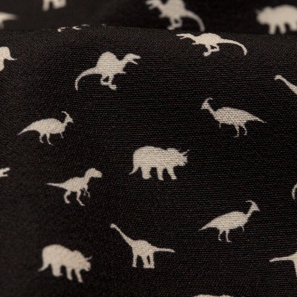 Stretch Polyester Crepe - Black and White Dinosaurs - Allegorical Dreams and Presentiments Print - Mood Exclusive Crow Collection - Detail
