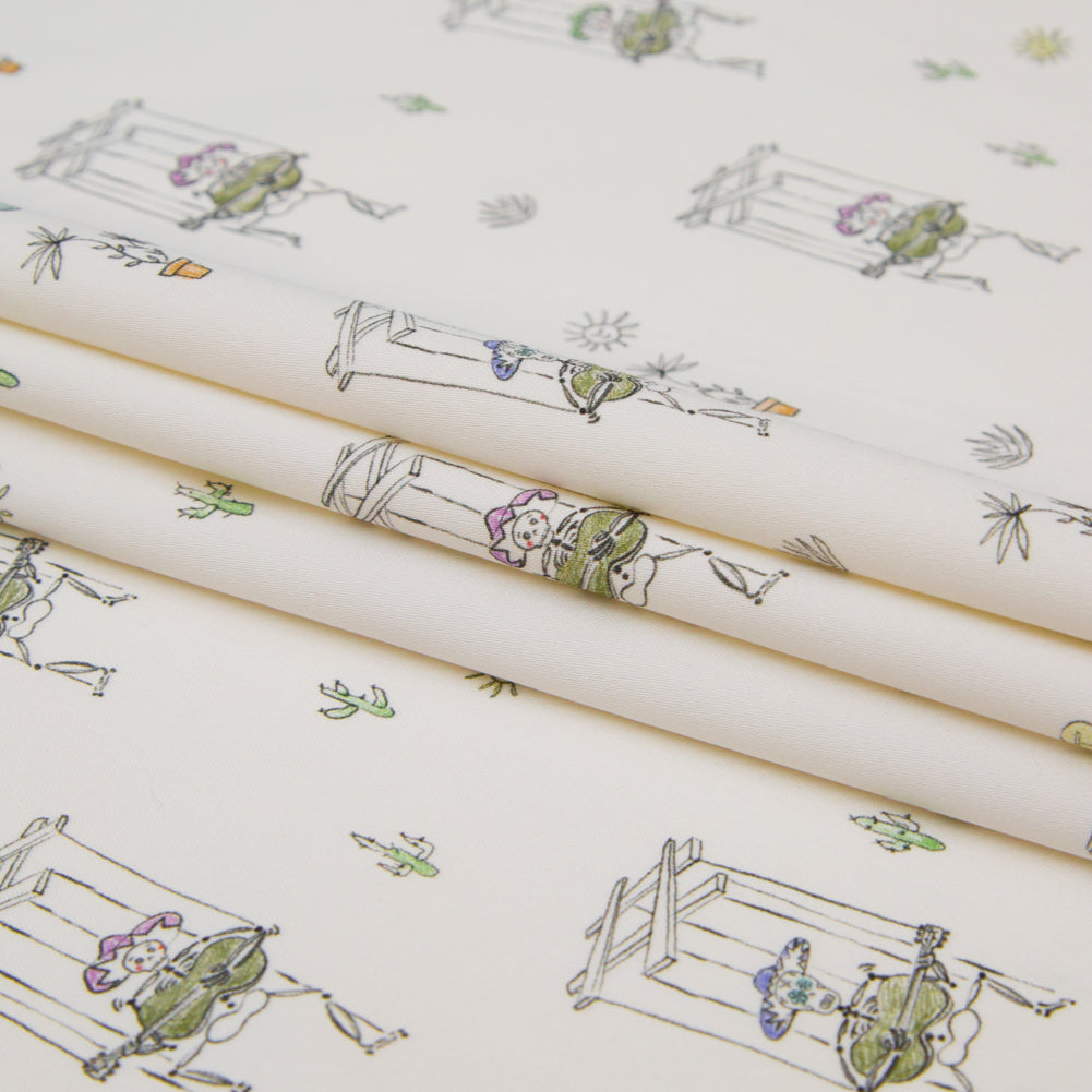 Stretch Cotton Sateen - White Skeleton Marionettes - My Friend's Story Print - Mood Exclusive Crow Collection - Folded