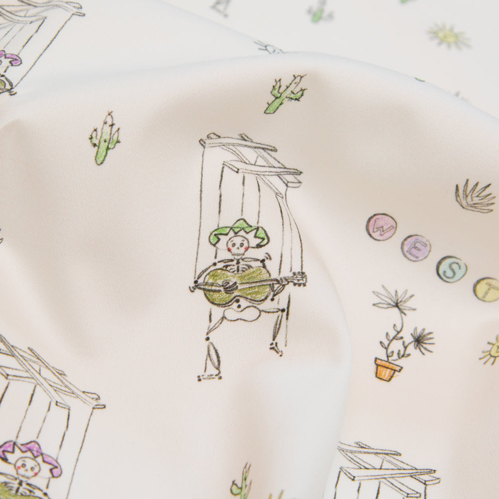 Stretch Cotton Sateen - White Skeleton Marionettes - My Friend's Story Print - Mood Exclusive Crow Collection - Detail