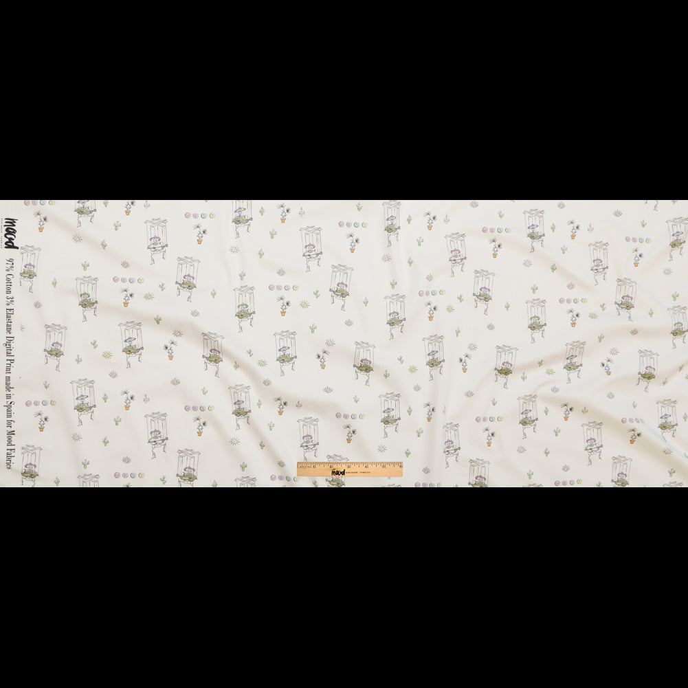 Stretch Cotton Sateen - White Skeleton Marionettes - My Friend's Story Print - Mood Exclusive Crow Collection - Full