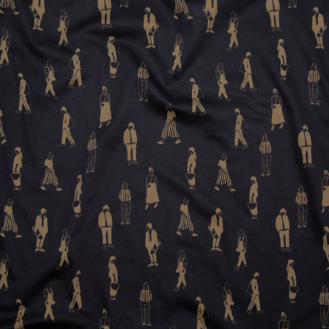 Stretch Cotton Sateen - Black and Beige People - Double Dreaming and Trance Print - Mood Exclusive Crow Collection