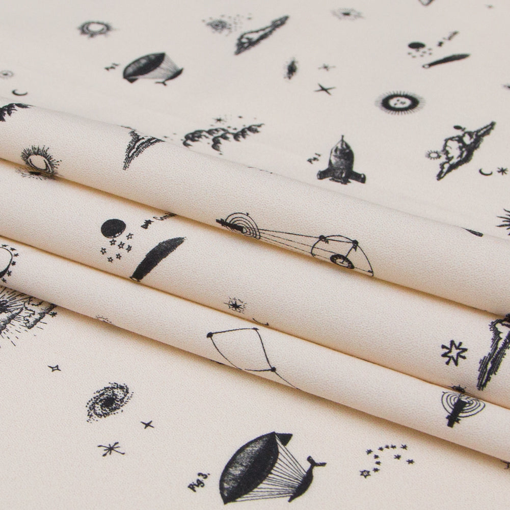Stretch Cotton Sateen - White Flying Machines and Outer Space - Future That Awaits Us Print - Mood Exclusive Crow Collection - Folded