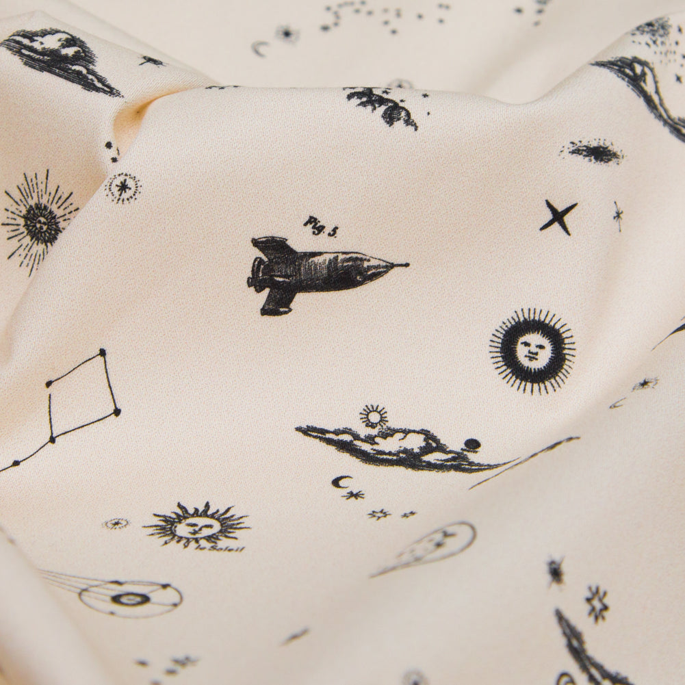 Stretch Cotton Sateen - White Flying Machines and Outer Space - Future That Awaits Us Print - Mood Exclusive Crow Collection - Detail