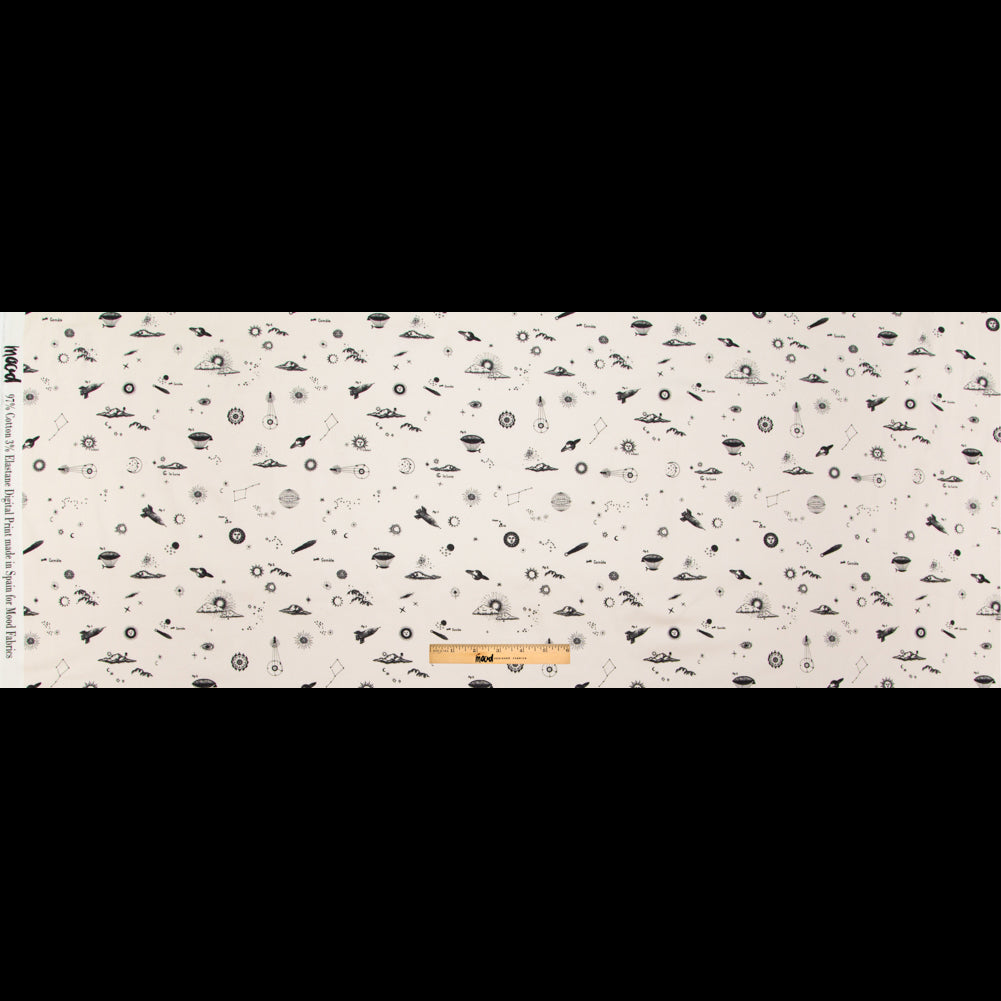 Stretch Cotton Sateen - White Flying Machines and Outer Space - Future That Awaits Us Print - Mood Exclusive Crow Collection - Full