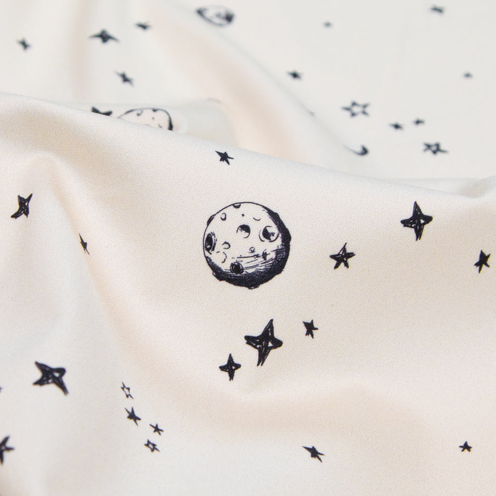 Stretch Cotton Sateen - White Stars and Moons - Garde Chasse Print - Mood Exclusive Crow Collection - Detail