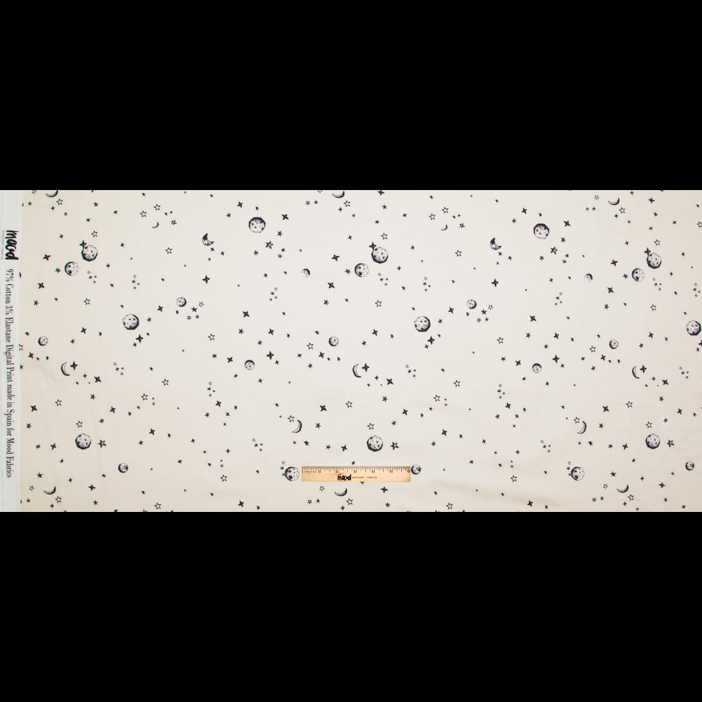 Stretch Cotton Sateen - White Stars and Moons - Garde Chasse Print - Mood Exclusive Crow Collection - Full