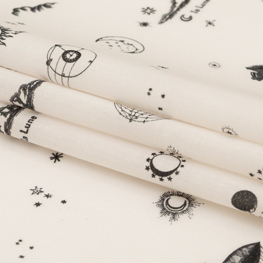 Cotton Voile - White Flying Machines and Outer Space - Future That Awaits Us Print - Mood Exclusive Crow Collection Folded