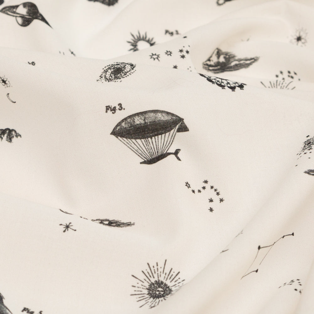 Cotton Voile - White Flying Machines and Outer Space - Future That Awaits Us Print - Mood Exclusive Crow Collection Detail