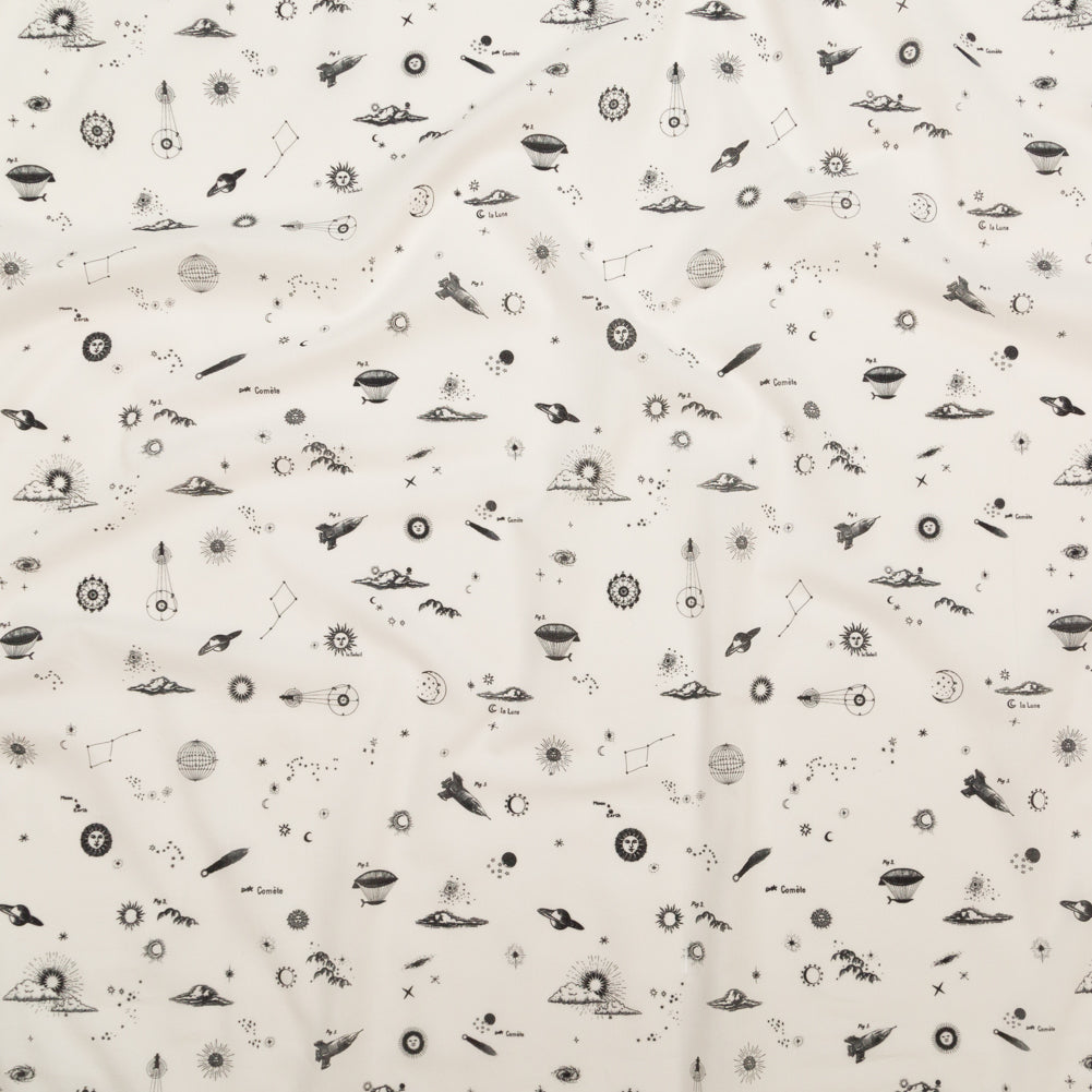 Cotton Voile - White Flying Machines and Outer Space - Future That Awaits Us Print - Mood Exclusive Crow Collection