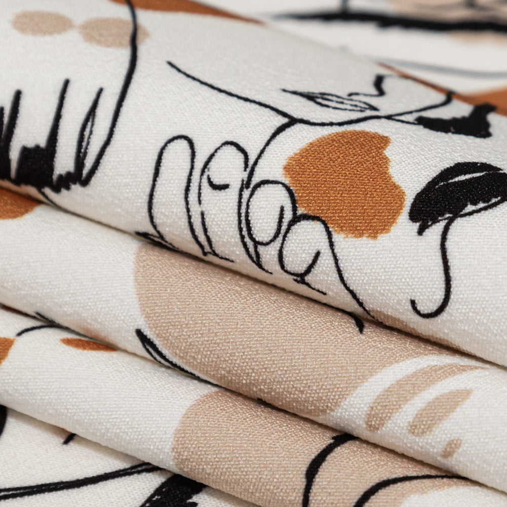Stretch Polyester Crepe - White Figure Lines - Contoured Personage Print - Mood Exclusive Serengeti Collection - Folded