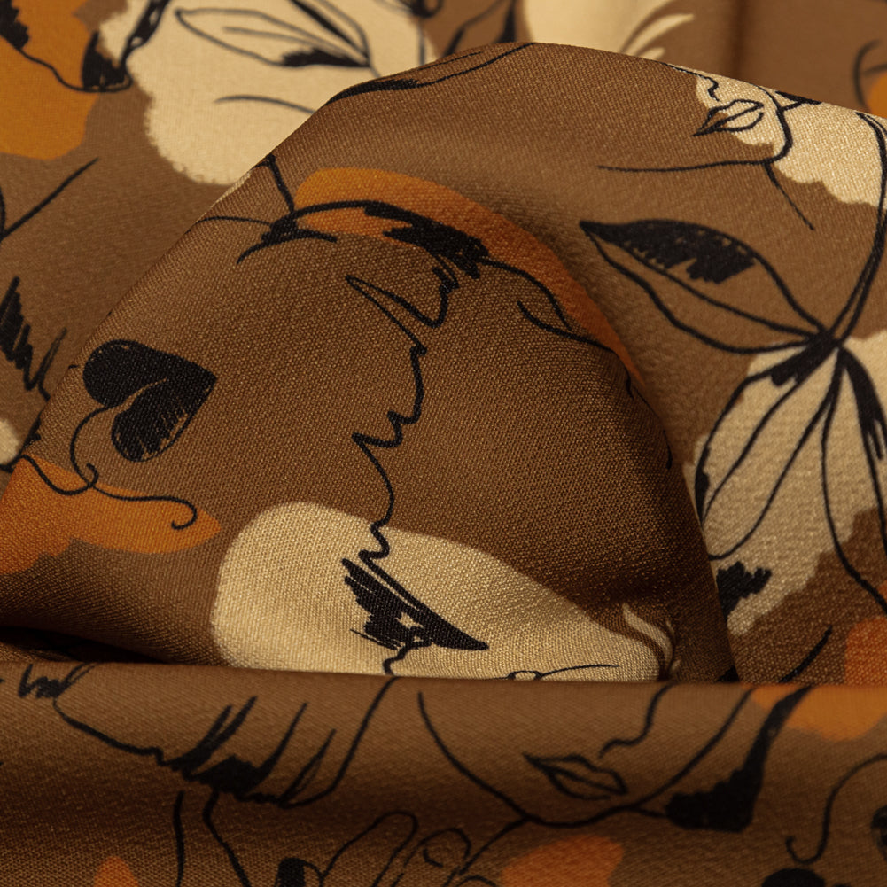 Stretch Polyester Crepe - Brown Figure Lines - Contoured Personage Print - Mood Exclusive Serengeti Collection - Detail
