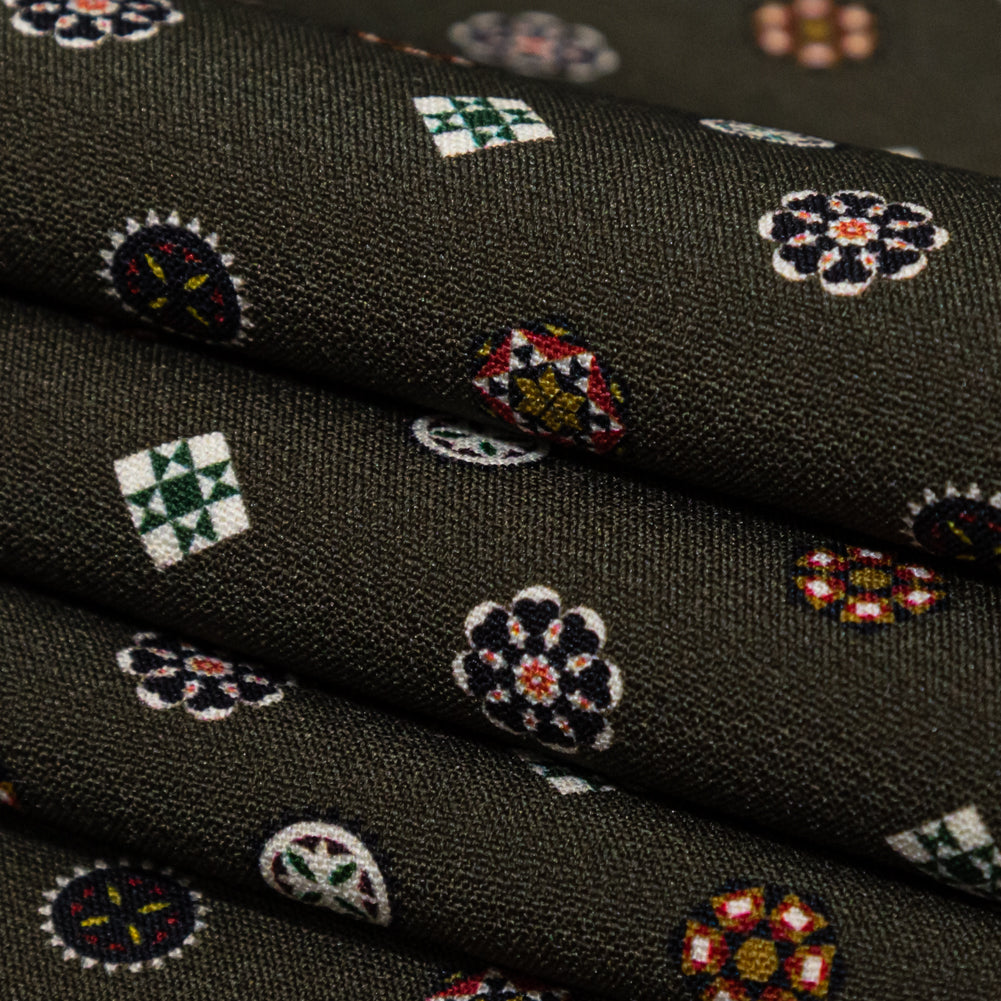 Stretch Polyester Crepe - Olive Green LIttle Medallions - Emblematic Medallions Print - Mood Exclusive Serengeti Collection - Folded