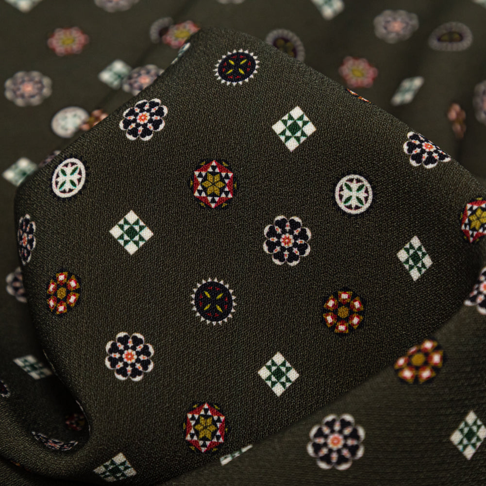 Stretch Polyester Crepe - Olive Green LIttle Medallions - Emblematic Medallions Print - Mood Exclusive Serengeti Collection - Detail