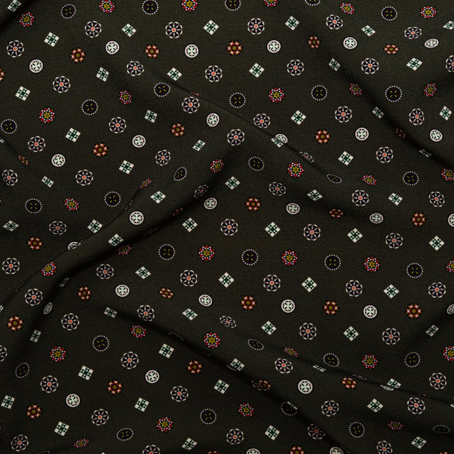 Stretch Polyester Crepe - Olive Green LIttle Medallions - Emblematic Medallions Print - Mood Exclusive Serengeti Collection