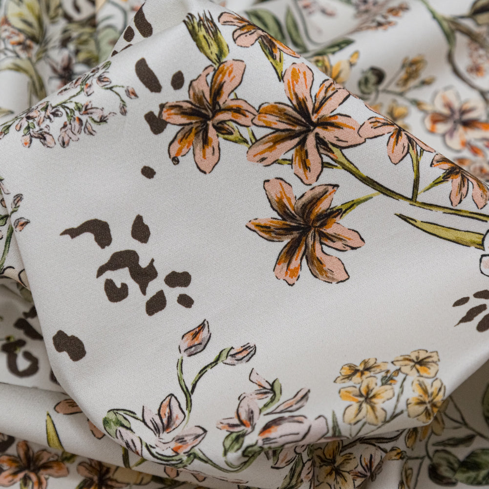 Stretch Cotton Sateen - White Floral - Blossoms Adrift Print - Mood Exclusive Serengeti Collection - Detail