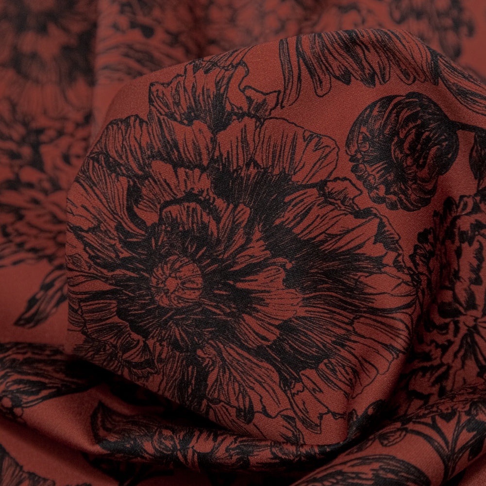 Stretch Cotton Sateen - Brown and Black Floral - Ephemeral Flora Print - Mood Exclusive Serengeti Collection - Detail