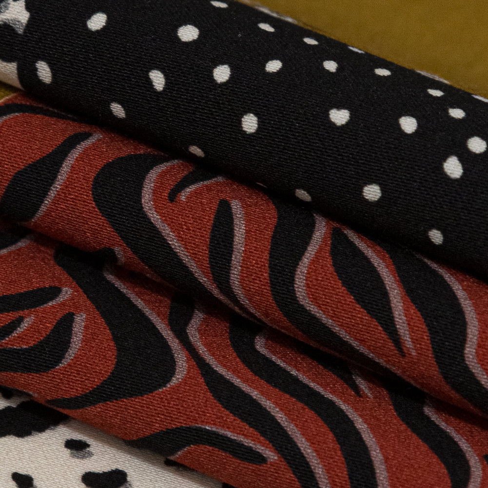 Stretch Cotton Sateen - Yellow, Red and Black Patchwork - Tiled Coalescence Print - Mood Exclusive Serengeti Collection - Folded