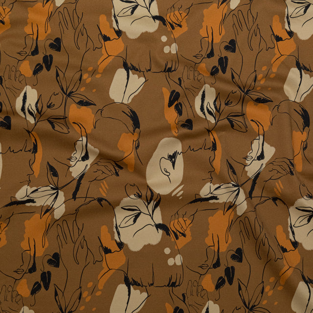 Stretch Cotton Sateen - Brown Figure Lines - Contoured Personage Print - Mood Exclusive Serengeti Collection
