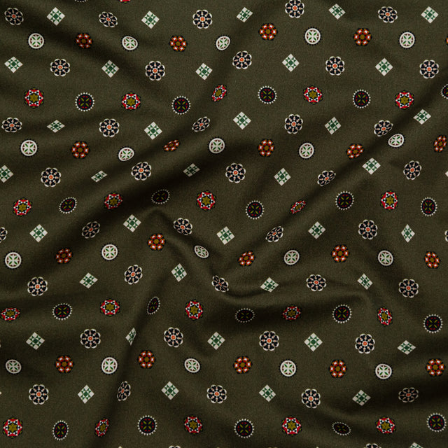 Stretch Cotton Sateen - Olive Green LIttle Medallions - Emblematic Medallions Print - Mood Exclusive Serengeti Collection