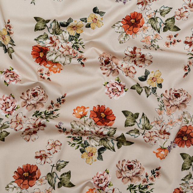 Stretch Cotton Sateen - Cream and Red Floral - Passive Petals Print - Mood Exclusive Serengeti Collection