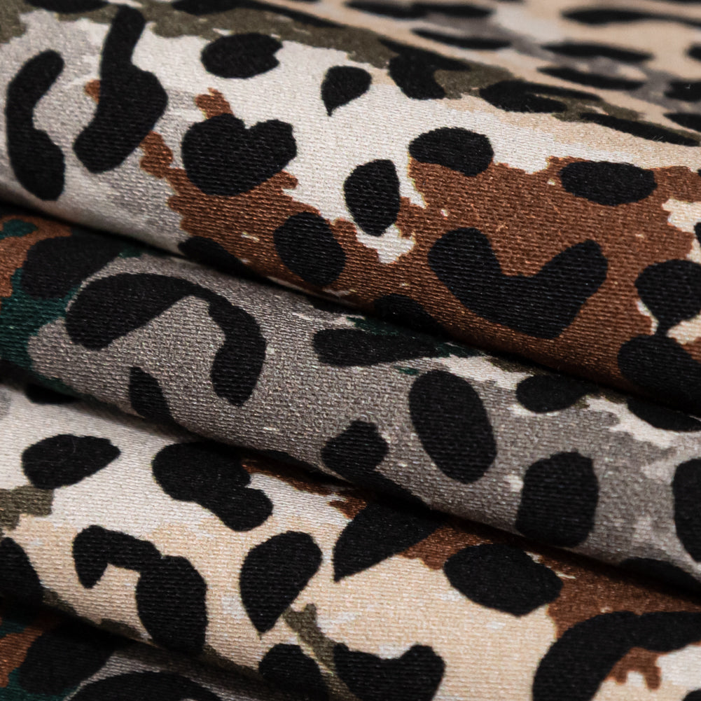 Stretch Cotton Sateen - Green and Brown Animal Spots - Guerrilla Safari Print - Mood Exclusive Serengeti Collection - Folded