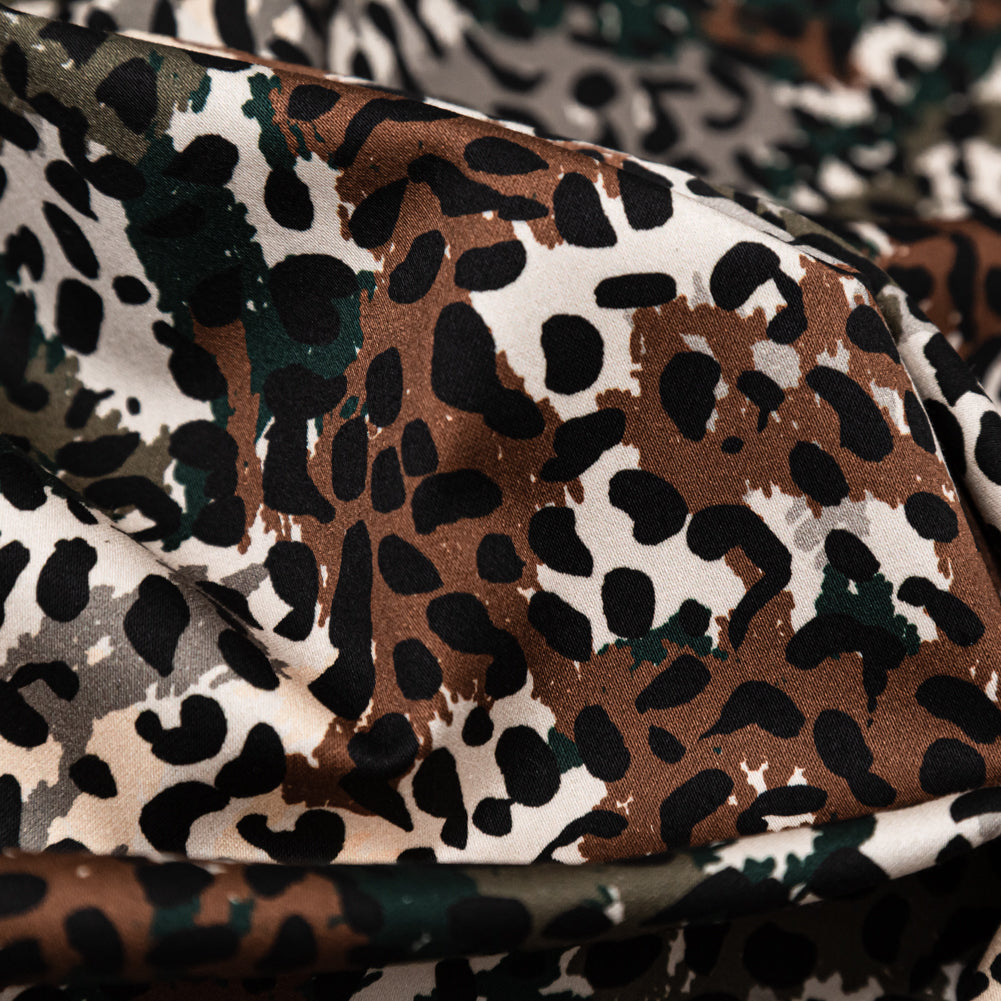 Stretch Cotton Sateen - Green and Brown Animal Spots - Guerrilla Safari Print - Mood Exclusive Serengeti Collection - Detail