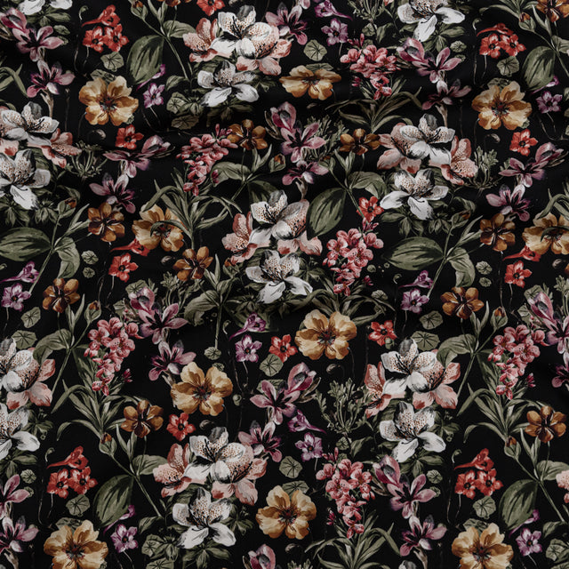 Stretch Cotton Sateen - Black Flowers - Floral Overflow Print - Mood Exclusive Serengeti Collection