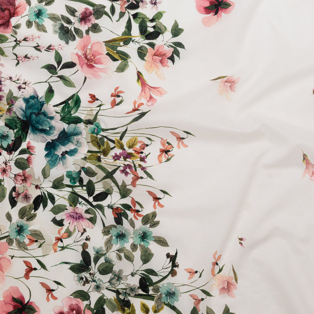 Cotton Voile - White and Green Floral Border - Frolicking Florescence Print - Mood Exclusive Serengeti Collection