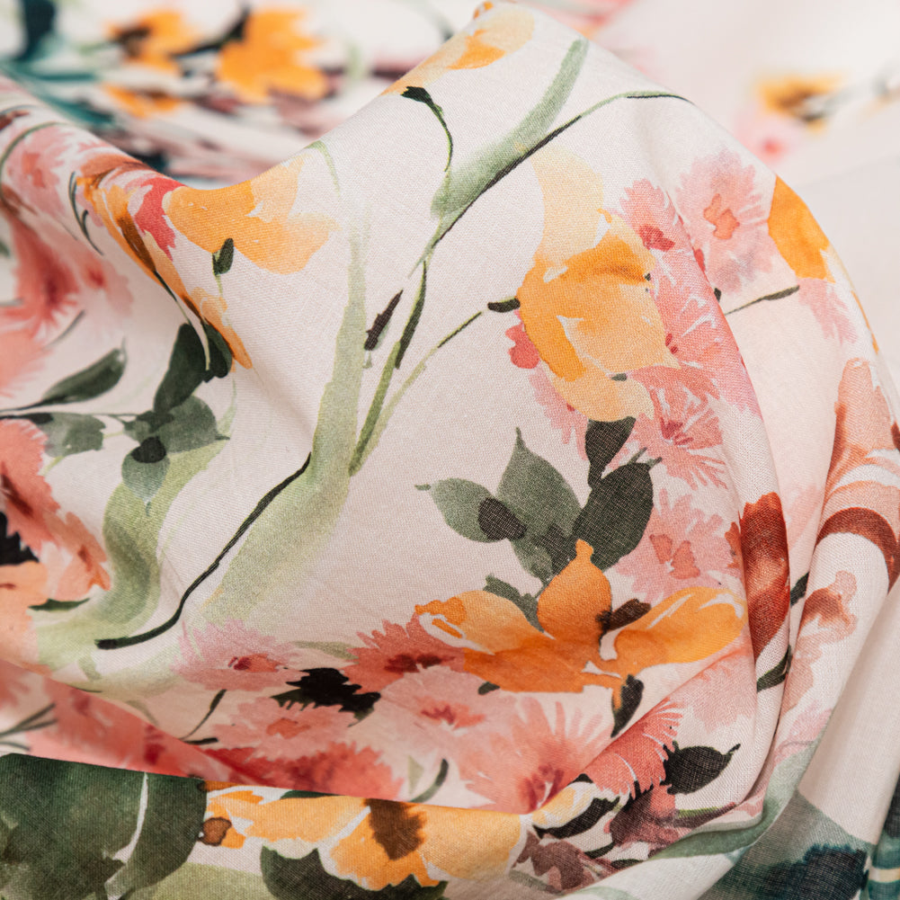 Cotton Voile - White Floral Border - Blooming Upwards Print - Mood Exclusive Serengeti Collection - Detail